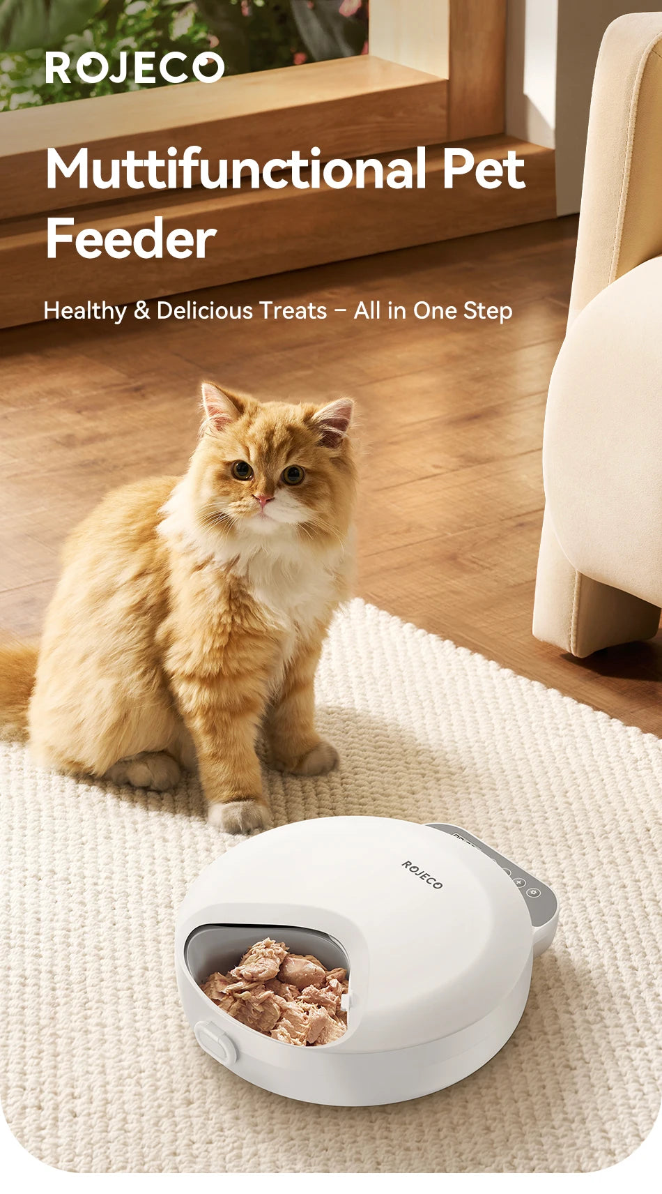 I YAN F26 automatic pet feeder showing digital display with four meal compartments and dual ice packs in a sleek design.