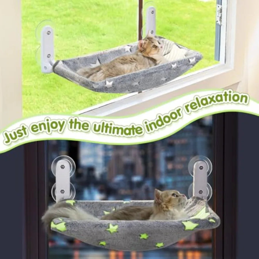 Cat Window Perch, Glow in The Dark Cordless Foldable Pet Hammock Bed for Window with Sturdy Metal Frame, Gowing Pattern Resting