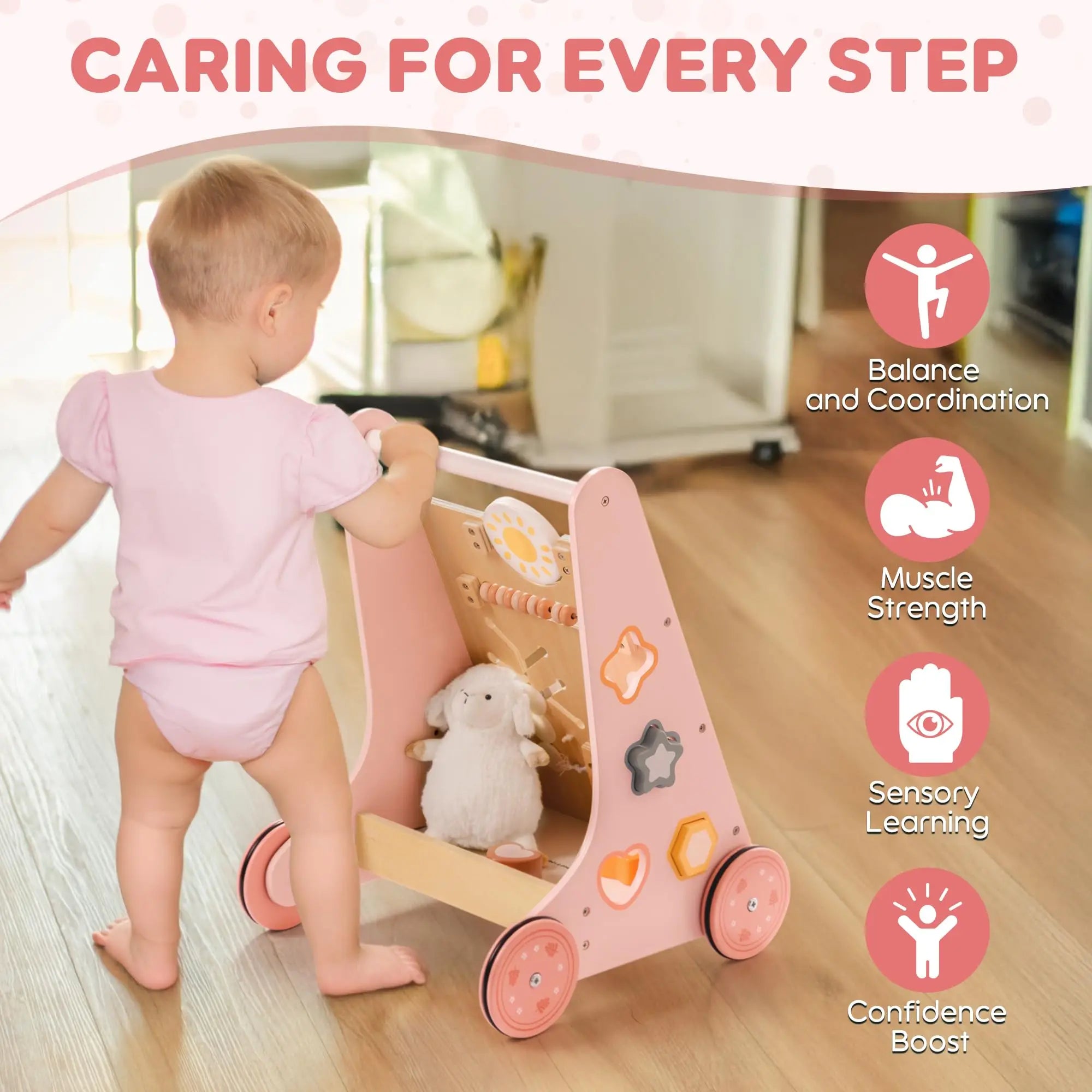 Wooden baby walker by I YAN with activity center, storage, and Montessori design for boys and girls, featuring colorful educational toys.