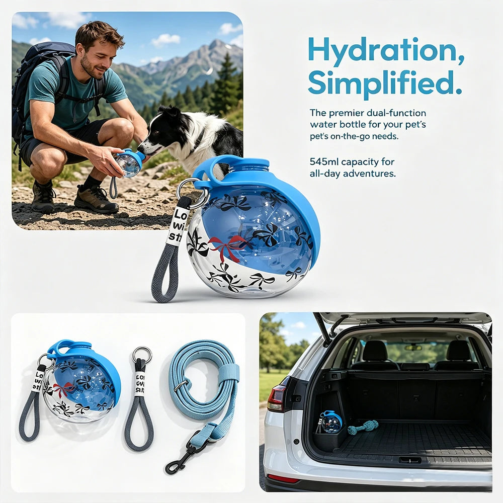 Portable I YAN pet water bottle with detachable bowl and wrist strap, leak-proof travel dispenser for pets on the go.