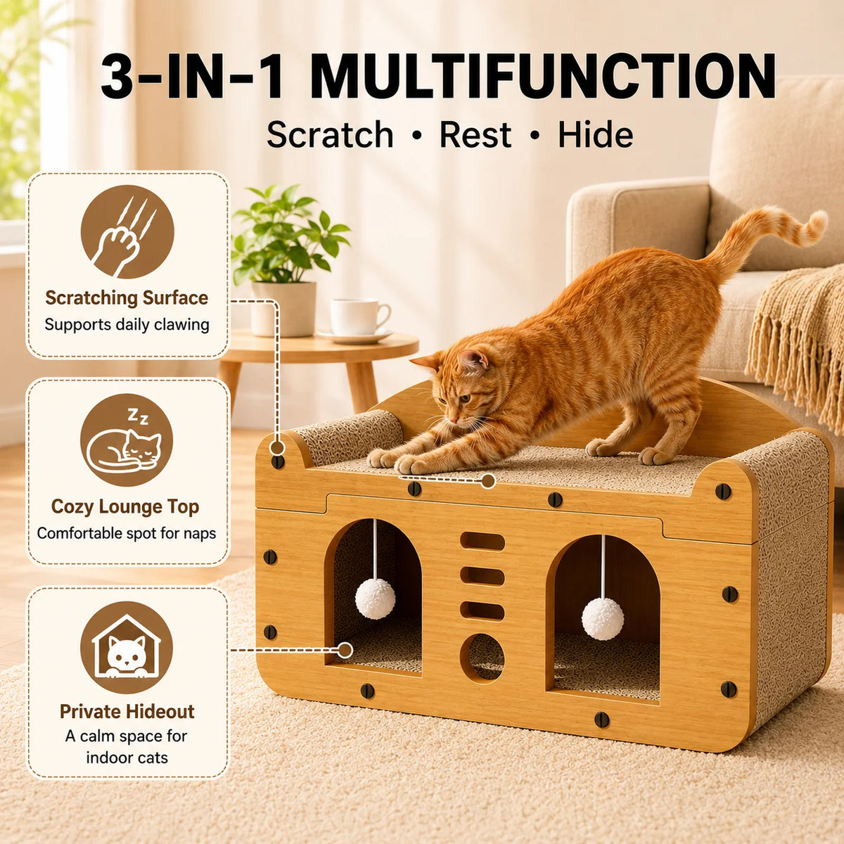 Double door cat scratcher sofa house by I YAN, wooden indoor cat furniture with hideout and corrugated scratching bed.