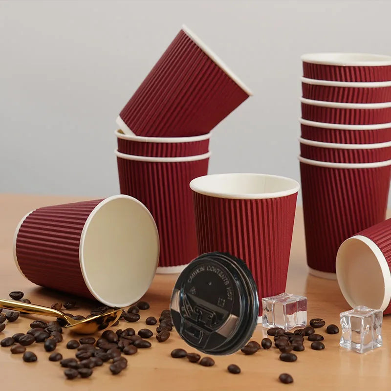 30pcs 8oz  Double-Walled Insulated Corrugated Cardboard Coffee Cups Thickened Disposable Striped Portable Paper Cups With Lids