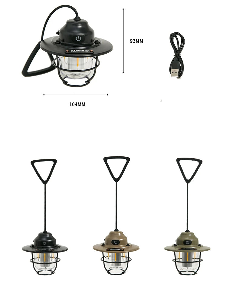 Retro Portable Camping Lantern IPX4 Waterproof Emergency Light Stepless Dimmable Hanging Tent Lamp for Outdoor Hiking