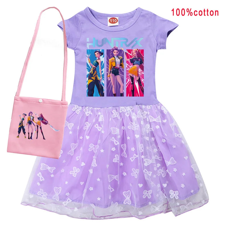 KPop Demon Hunters Rumi Dress Kids Summer Dress Baby Girl's Casual Dresses & Bag 2pcs Sets Lovely Wedding Party Princess Vestido