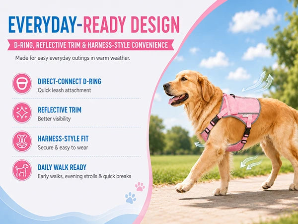 Pink dog cooling vest harness with four ice packs, designed to keep large dogs cool for over 180 minutes by I YAN.