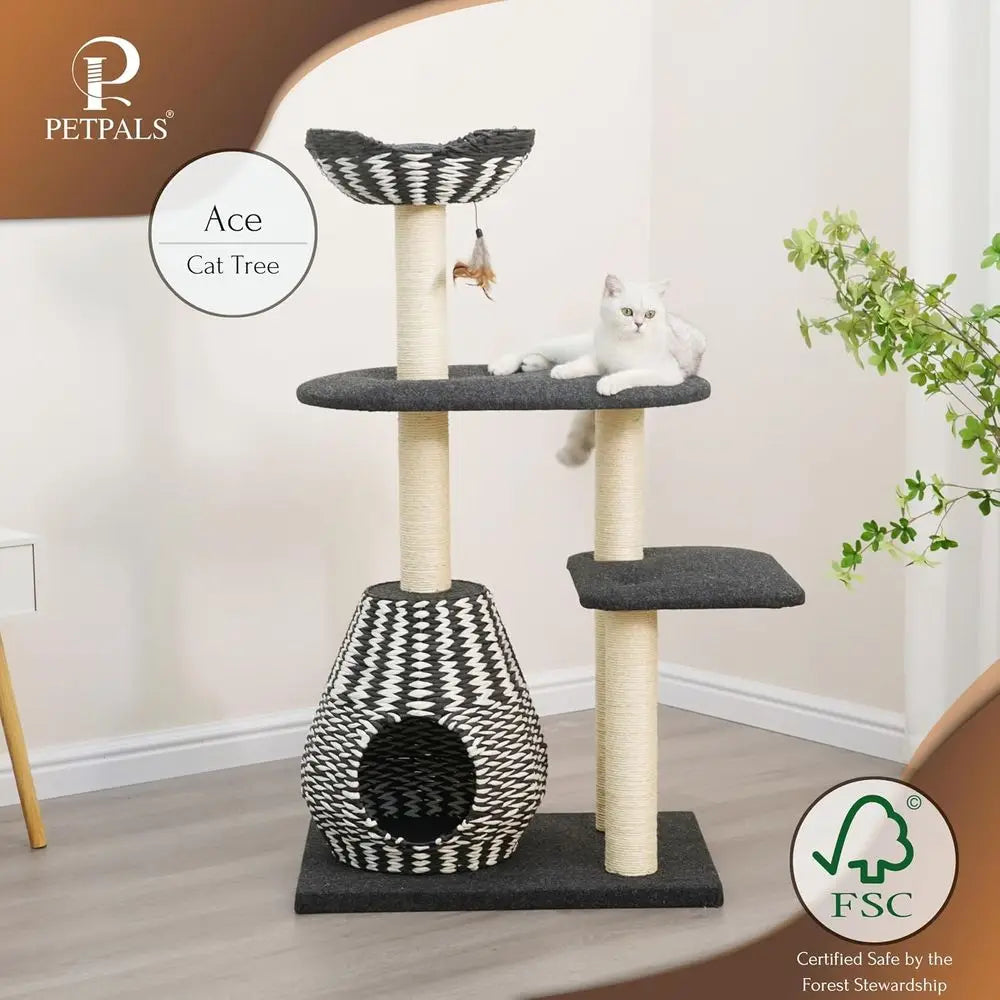 Handwoven Cat Tree with Condo, Top Bed & Sisal Posts - 2 Platforms, Recycled Paper Rope, Replaceable Sisal, Black & White