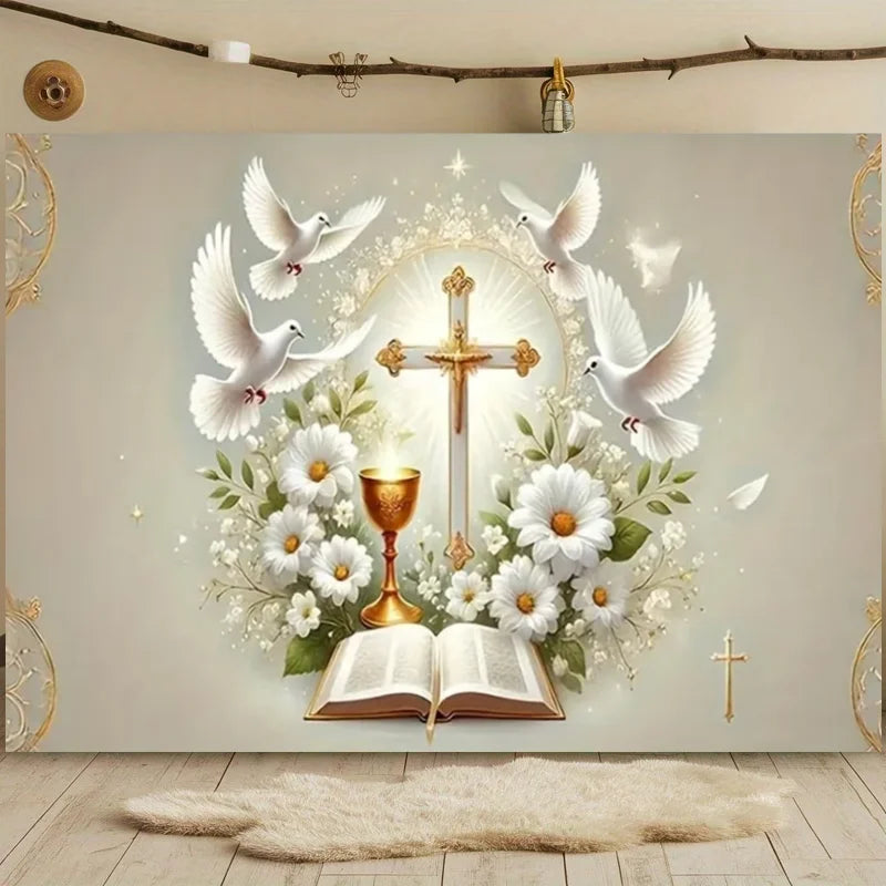 First Holy Communion Backdrop Flower Gold Cross Decor Boy Girl Baby Shower My Baptism Birthday Party Photography Background Prop