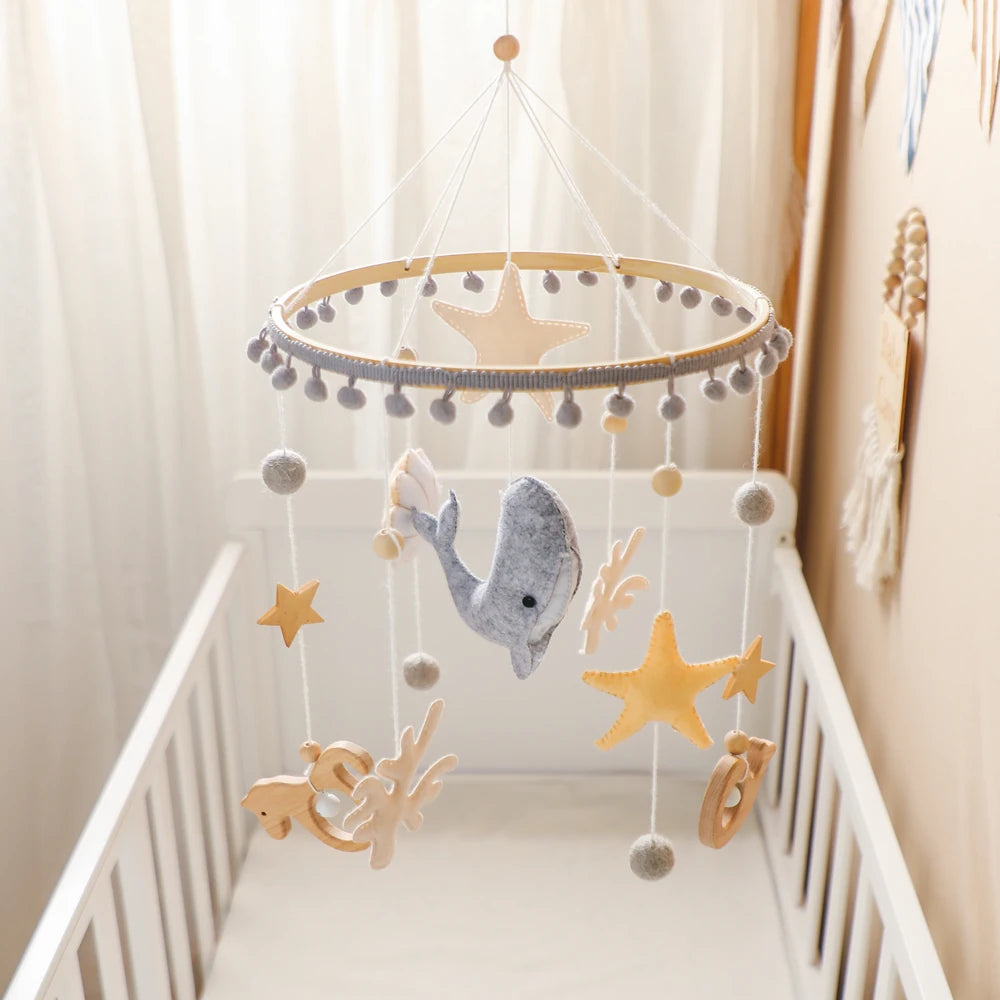 Blue Whale Baby Crib Mobile – Fabric & Bamboo Ring Nursery Decor for Newborns - I YAN
