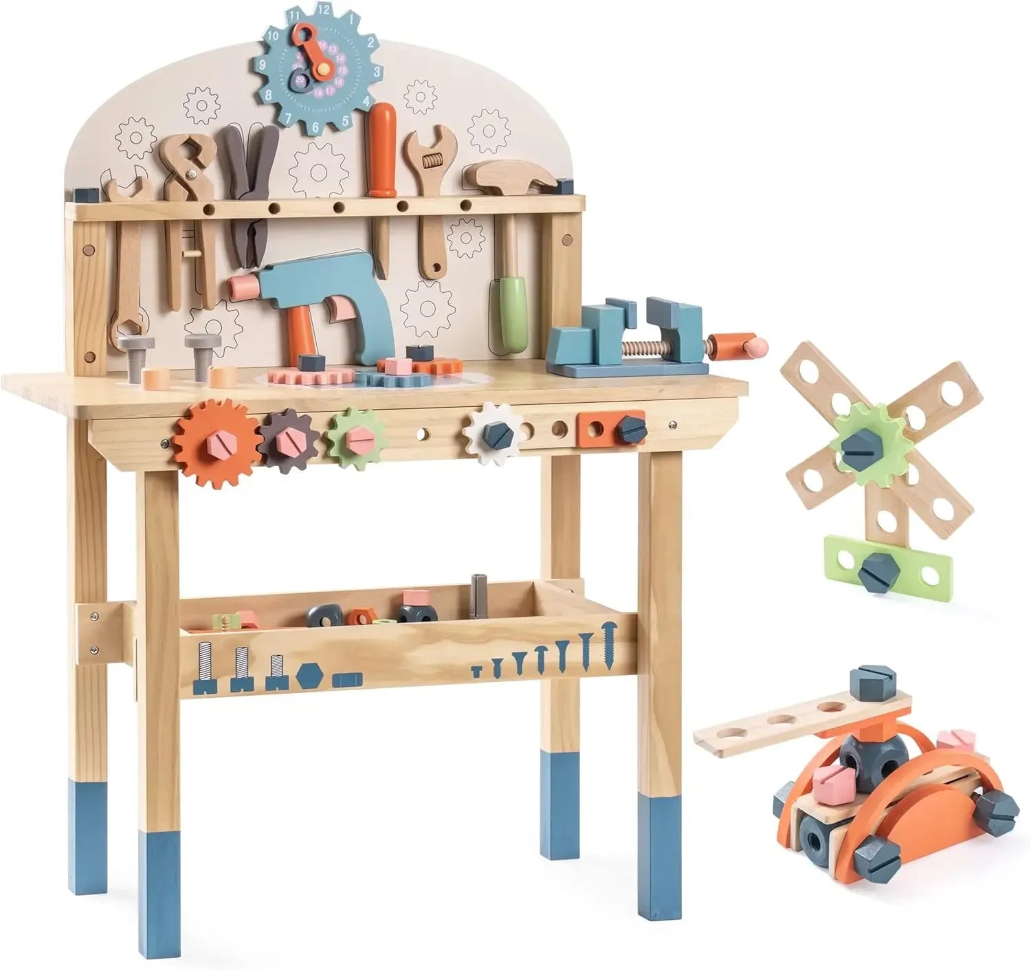 Robotime Robud kids wooden work bench set with toy tools, suitable for boys and girls aged 3 and up, featuring a large construction workshop.