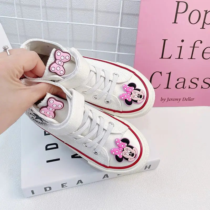 Disney Girls' Canvas Casual Shoes Soft Sole High Top Cartoon Mickey Mouse Minnie Purple White Breathable Shoes Flats Size 24-37