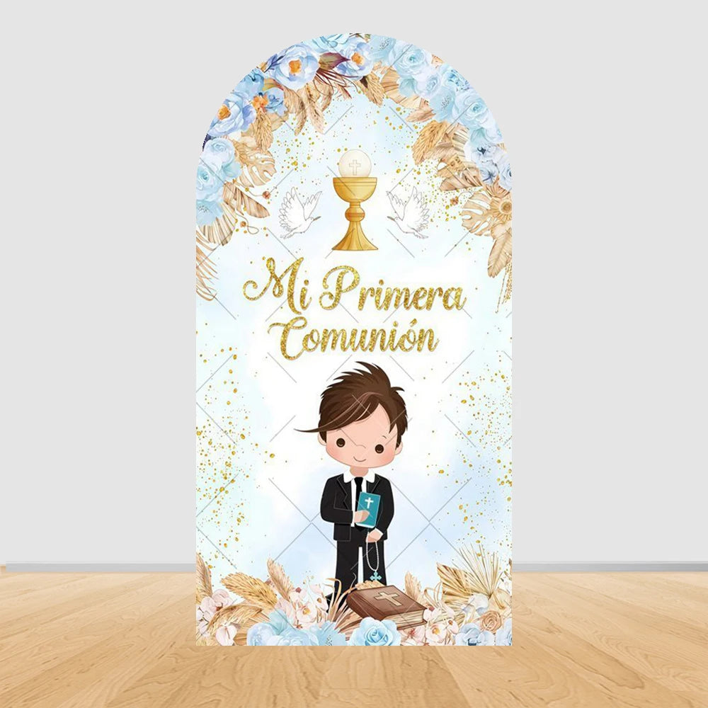 First Holy Communion Arch Backdrop Cover Boys Girls Christening God Bless Cross Green Leaves Decor Backgrounds for Photographs