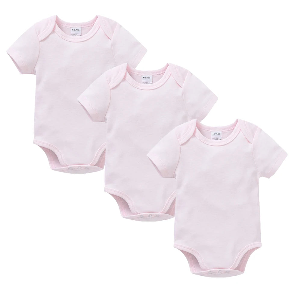 Three white cotton baby bodysuits for boys and girls, I YAN brand, short sleeve, suitable for ages 0-24 months, newborn jumpsuits.