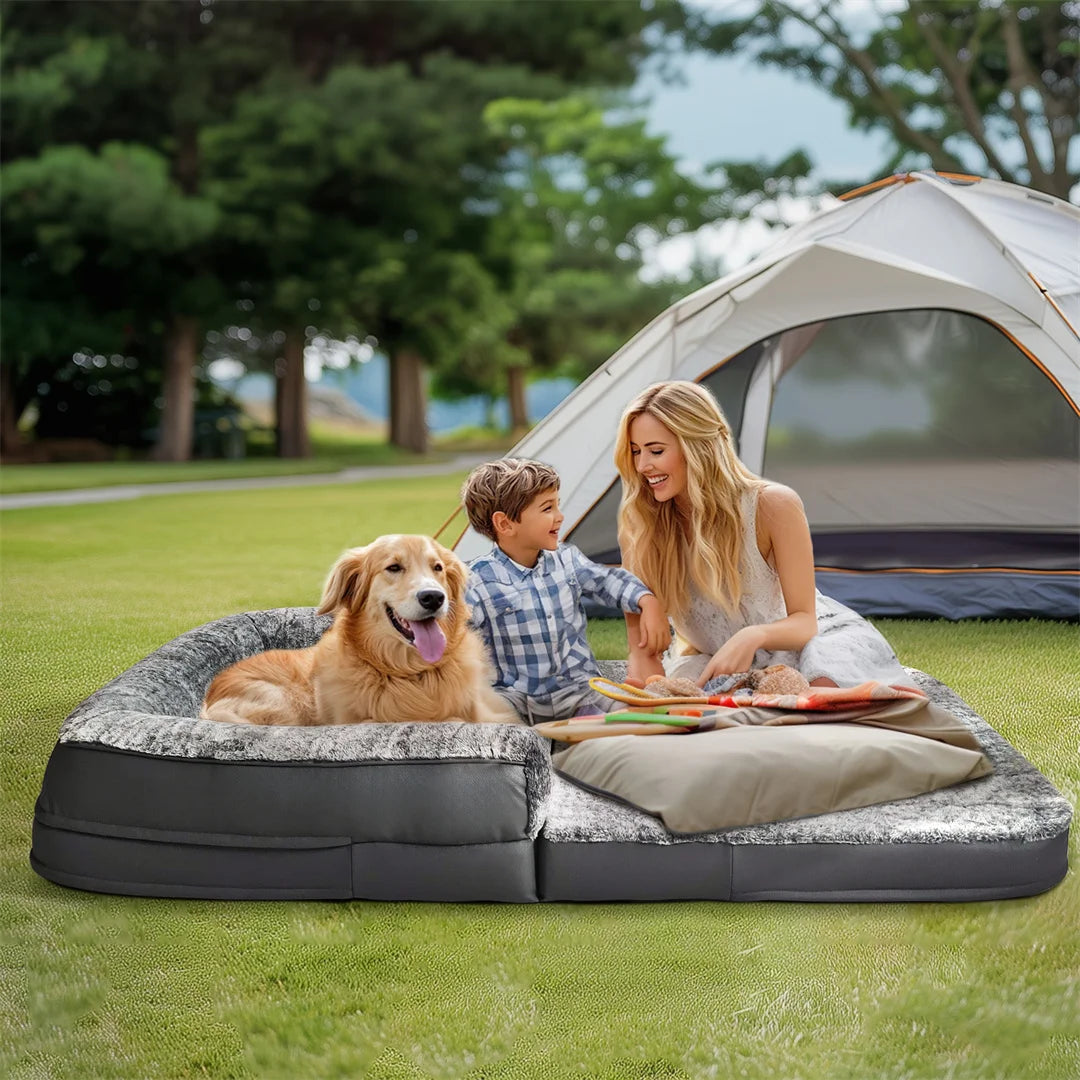 Large I YAN foldable human-size giant dog bed with plush cover, orthopedic design, ideal for calming, long-lasting pet comfort.