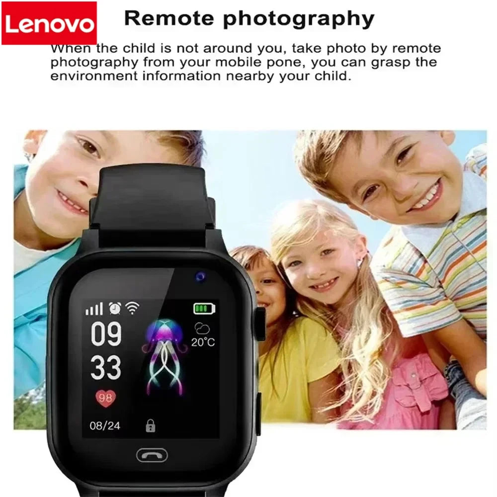 Lenovo I YAN student smart watch for kids with GPS, camera, video call, SOS, and location tracking features.