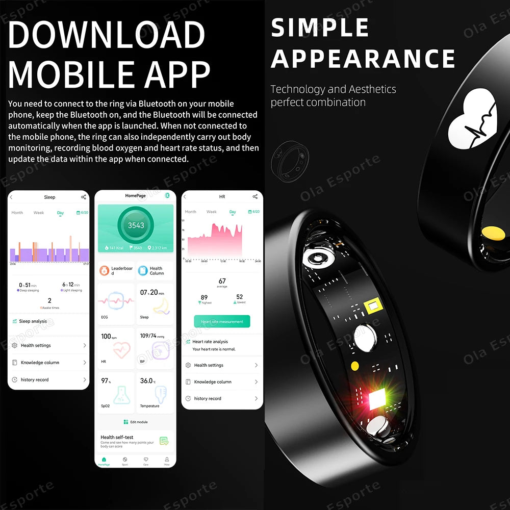New Smart Ring ECG Detection Blood Pressure,Heart Rate Ring,Body Temperature Monitor Waterproof GPS Tracking Men Women Ring