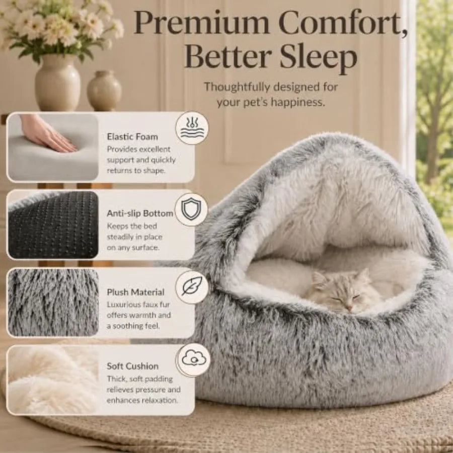 I YAN plush round hooded cat bed, cozy doughnut-shaped cave with soft fluffy interior for indoor cats or small dogs.