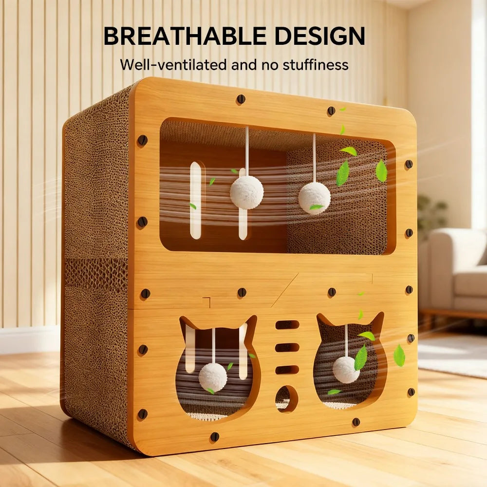 I YAN two-story multifunctional cat house with bed, scratch board, and ball toys, made of durable cardboard for indoor cats.