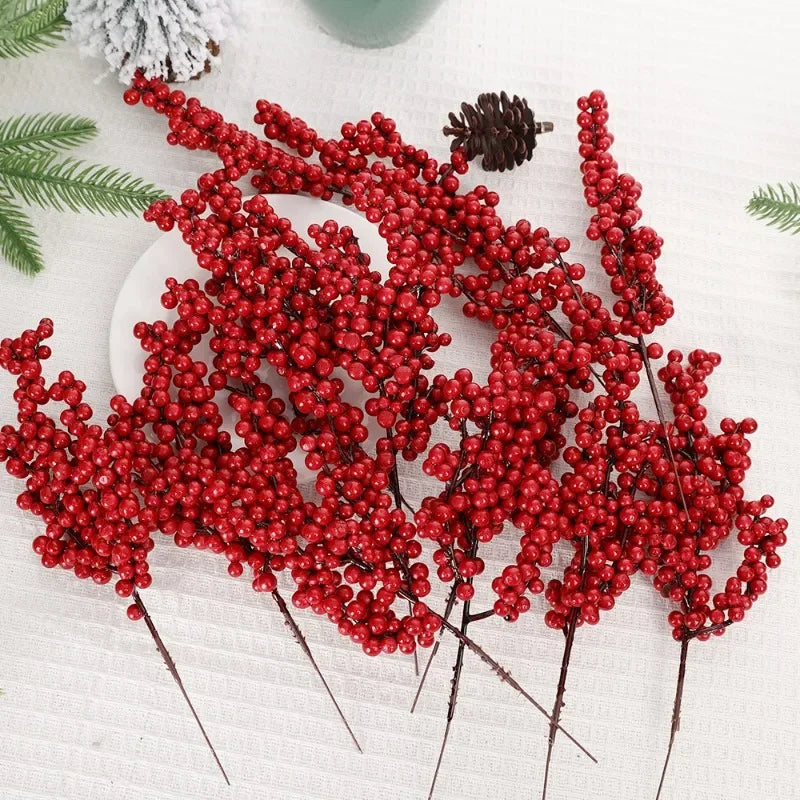 1/60PCS Christmas Red Berries Branch Artificial Holly Berry Stamen Flowers Wreath for Tree Ornaments New Year Party Home Decor