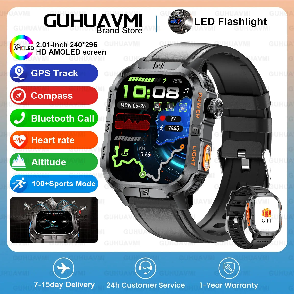 New Dual-Band Satellite GPS Smart Watch Men 2.01'' HD Screen Compass Military Flashlight Watches Waterproof Swim Smart Bracelet