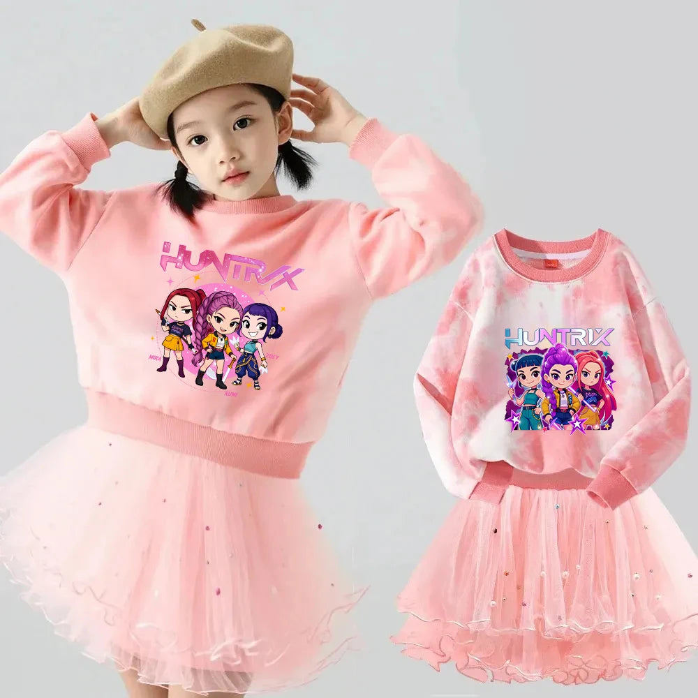 K-Pop Hunters Zoey Mira Rumi Children Sweaters Girls Tie-dye Sweatshirt Pink Pullovers Kids Tops Tulle Princess Dresses Suit