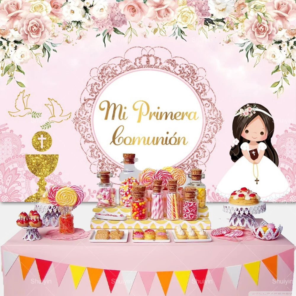 Boy Girl First Communion Backdrop Gold Cross Grail God Bless Baptism Party Decor Background Christening Baby Shower Photo Props
