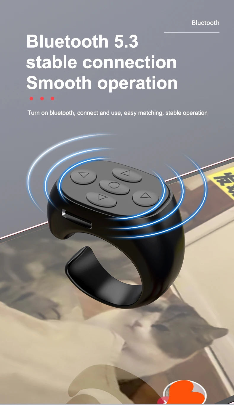 I YAN wireless Bluetooth selfie remote control ring for mobile phones, compatible with Xiaomi and Apple devices, shown on a phone.
