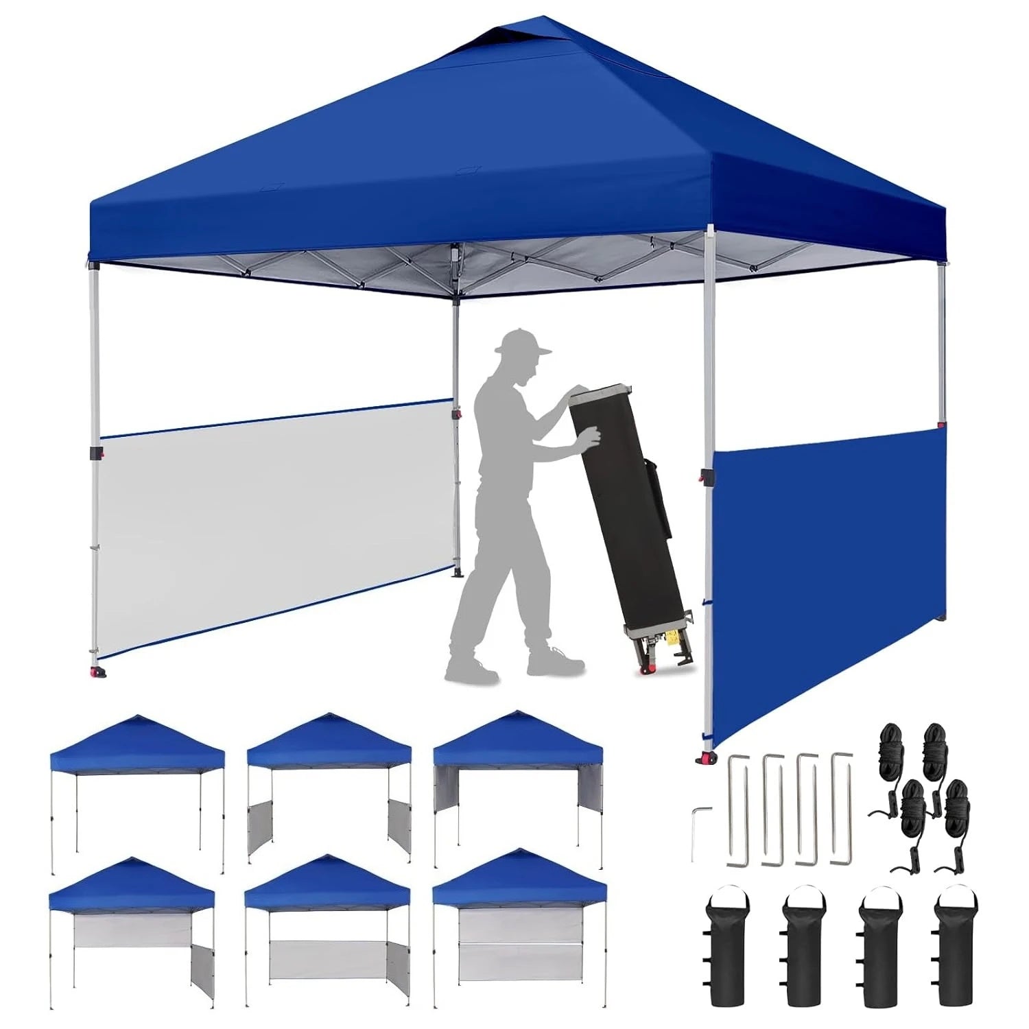10x10 Pop up Canopy Tent Instant Canopy with 150D Silver Coated Fabric Including 2 Half Sidewalls, 4 Ropes, 8, Customized
