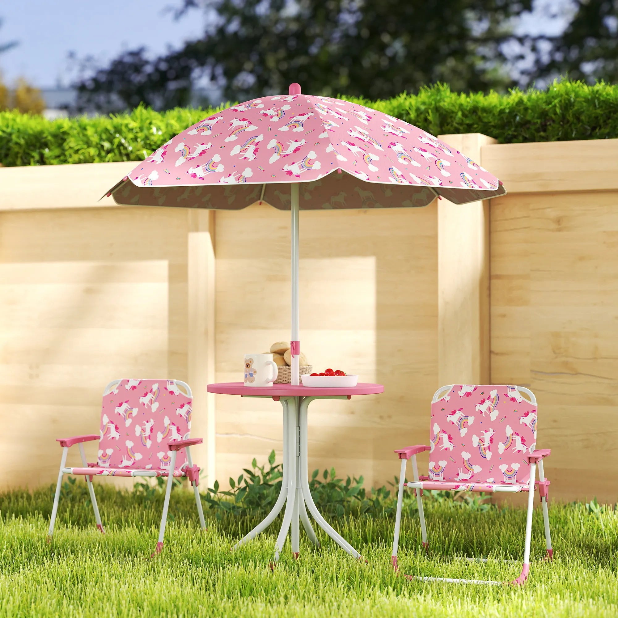 Pink kids picnic table and chair set with two folding chairs and umbrella, perfect for backyard, garden, or patio play.