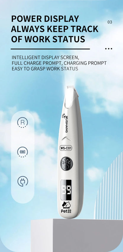 I YAN pet grooming trimmer with LED light, waterproof and low noise hair clipper for dogs and cats, shown in a close-up image.