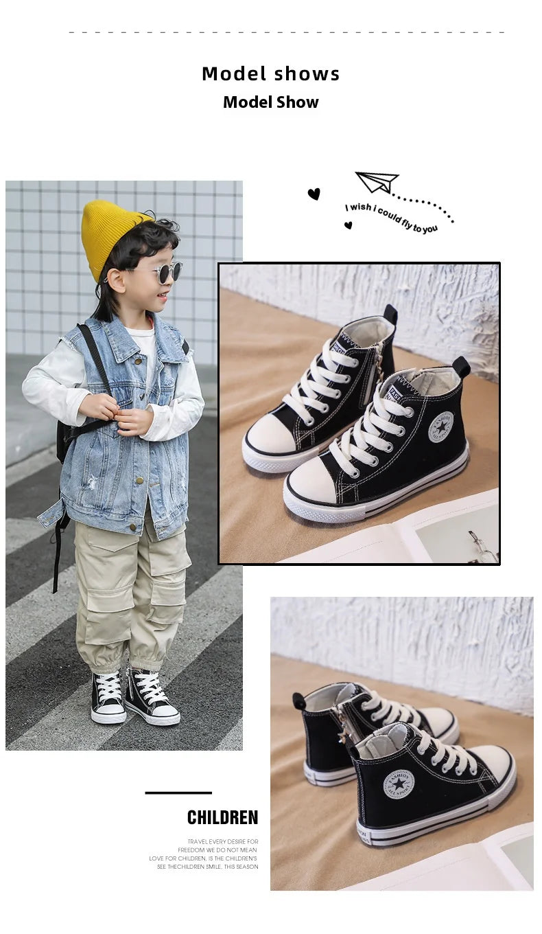 Children's High-Top Canvas Shoes Soft Bottom Comfortable Non-slip Casual Shoes Summer Simple Solid Color Lace-Up Canvas Shoes
