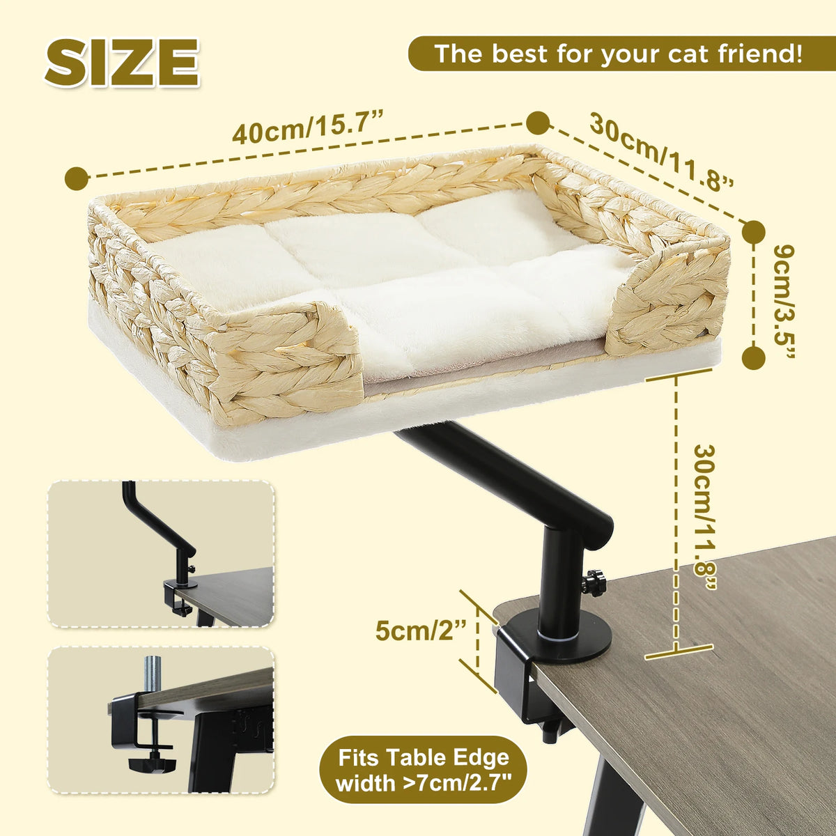 Soft I YAN cat desk bed with 360° rotatable stand and adjustable hammock for indoor cats on a table.