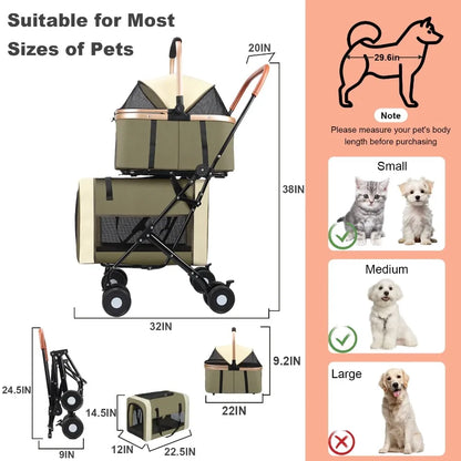 Dark green I YAN 3-in-1 double pet stroller with foldable design for medium and small dogs and cats up to 50lbs.