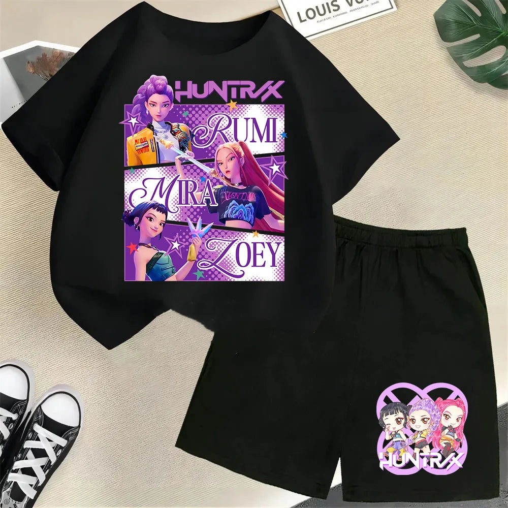 KPop Demon Hunters Saja Boys Kids T-Shirt – Cartoon Print Round Neck Casual Top (2pcs Set) - I YAN