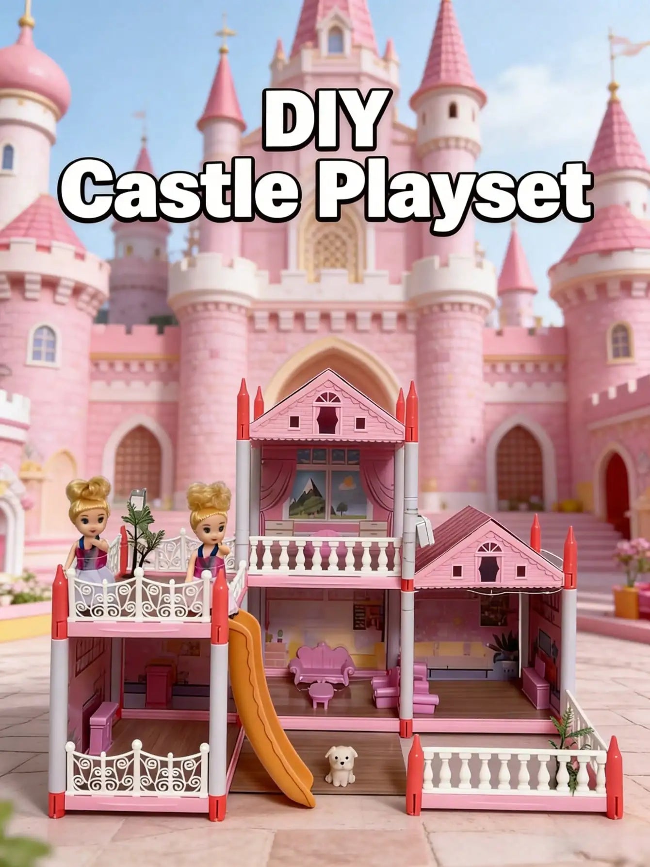 I YAN Villa Dollhouse Playset featuring castle design, furniture, and accessories for kids, perfect educational puzzle and children's gift