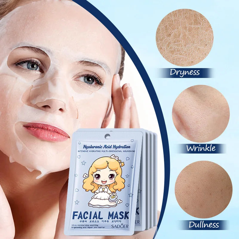 10pcs SADOER Hyaluronic Acid Collagen Face Mask Facial Skincare Moisturizing Hydrating Facial Masks Korean Skin Care Cosmetics