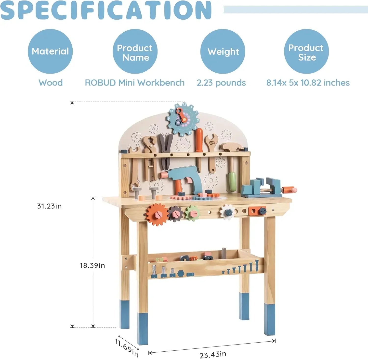 Robotime Robud kids tool bench set by I YAN, large wooden workbench with construction toys for boys and girls aged 3+.