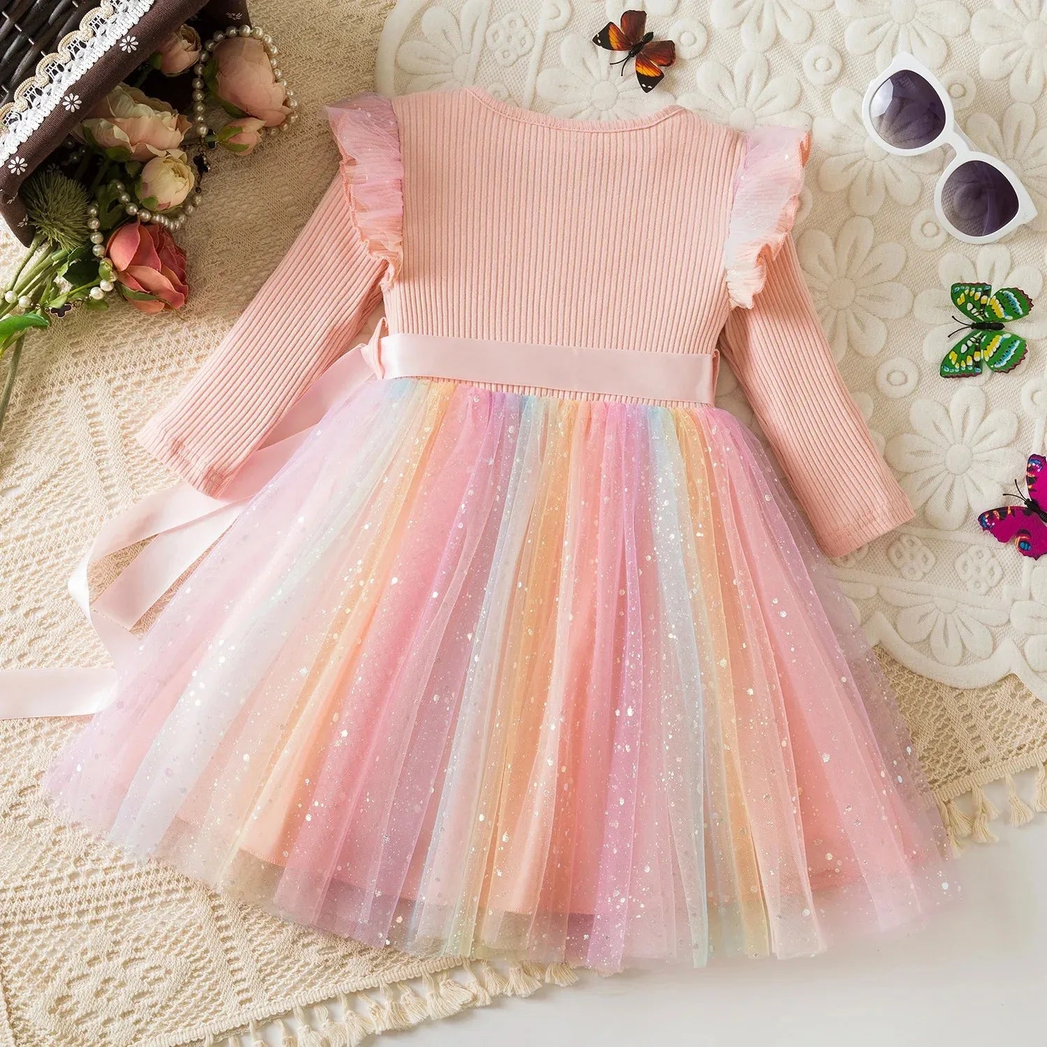 K-Pop Hunters Rainbow Princess Dress for Girls Sequin Birthday Party Mesh Dress for Baby Casual Long Sleeve Girls Dresses 1-5Y