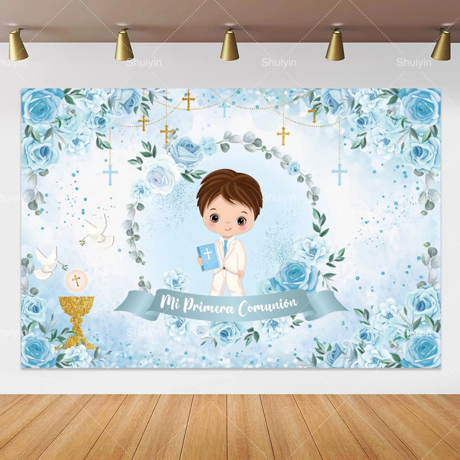 Boy Girl First Communion Backdrop Gold Cross Grail God Bless Baptism Party Decor Background Christening Baby Shower Photo Props