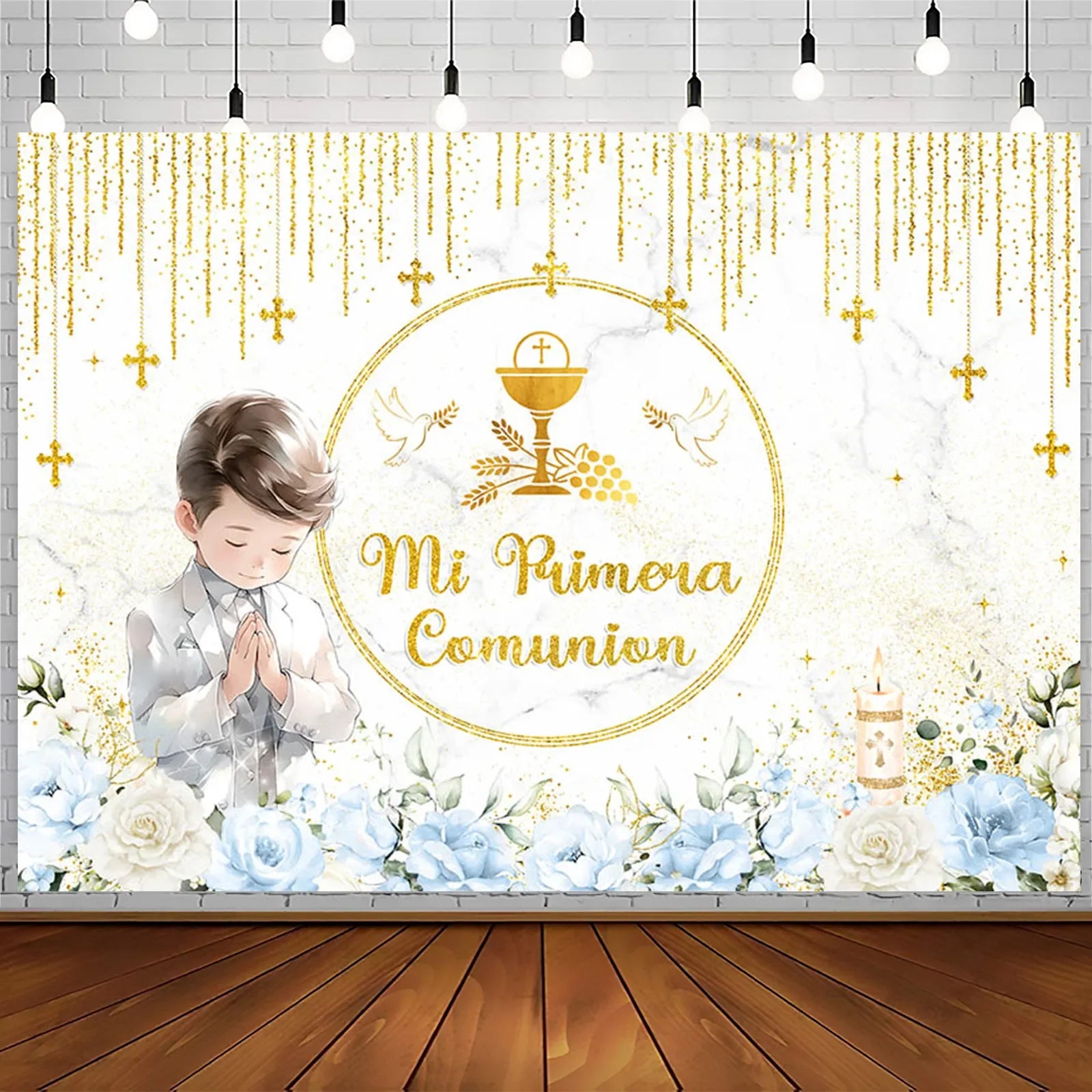 First Holy Communion Backdrop Gold Dots Flowers Gold Cross Boy or Girl My Baptism Party Decor Kids God Bless Photo Background