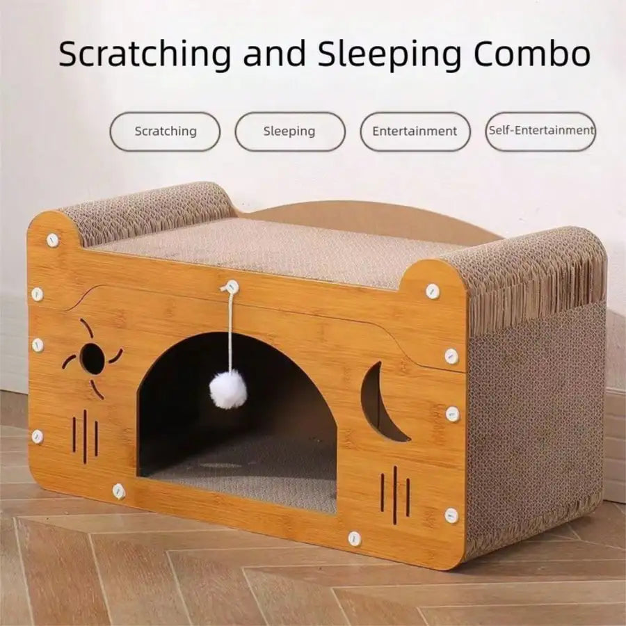 Double layer cardboard cat scratcher lounge with pom pom toys by I YAN, featuring a cozy hideaway and playful scratching surface.