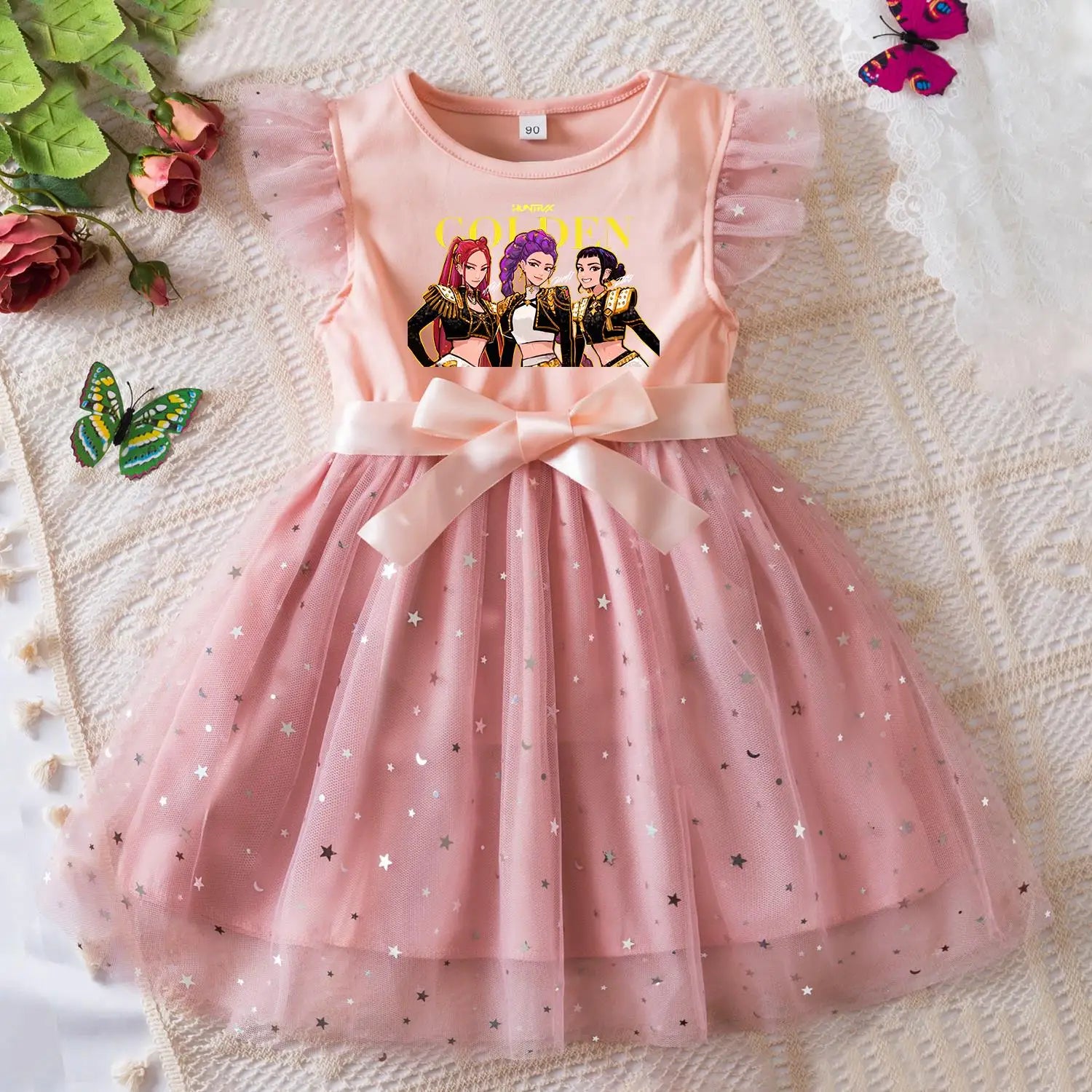 K-Pop Hunters Zoey Rumi Girls Sequin Tutu Dress with Bow Flutter Sleeves Summer Princess Party Outfit for Toddler Kids 2-6 Years