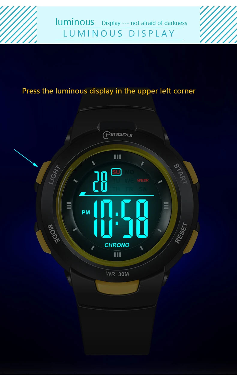 Kids waterproof luminous smart watch by I YAN, featuring alarm clock and electronic display for boys and girls.