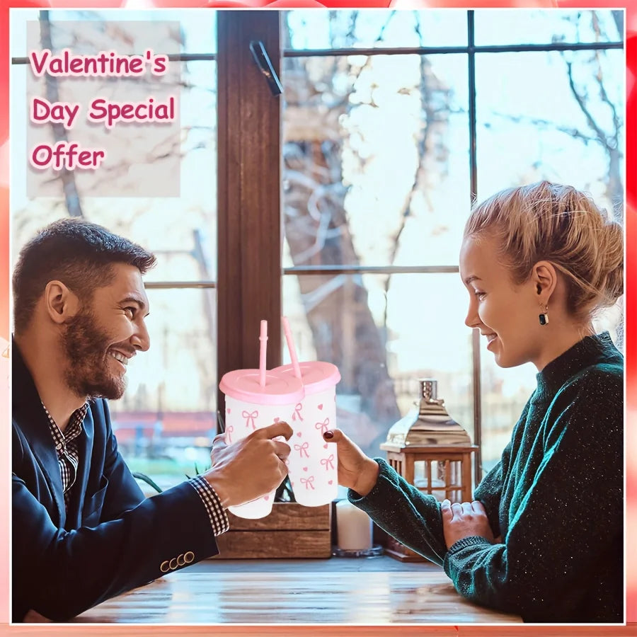 2/20pcs  Reusable Party Cups with Straw & Lid Cute Bow Plastic Tumblers for Cold Drinks Home Office Outdoor Use