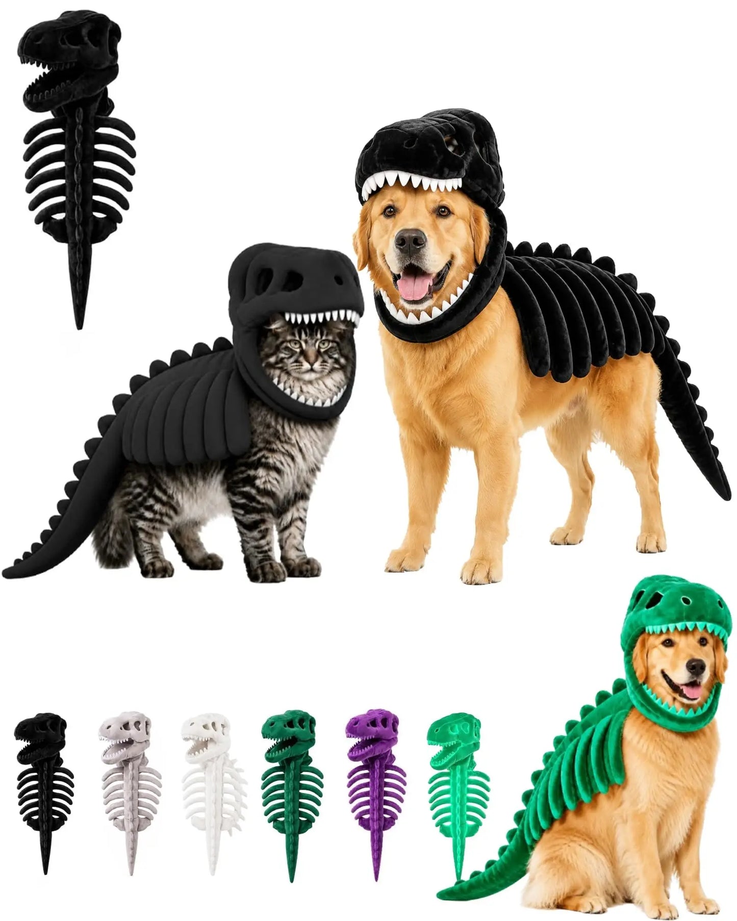 3D plush T-Rex dinosaur pet costume for cats and dogs, featuring vibrant green scales and a detailed dinosaur design.