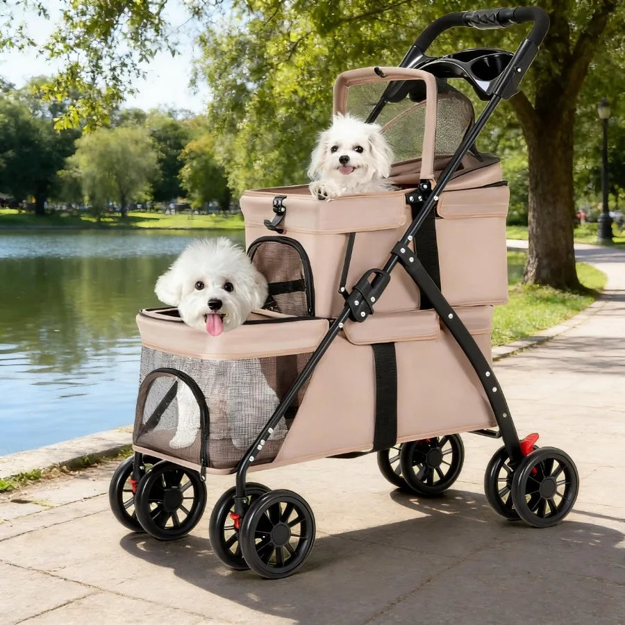 Foldable double pet stroller for small cats and dogs by I YAN with lockable wheels and two carriages for easy travel.