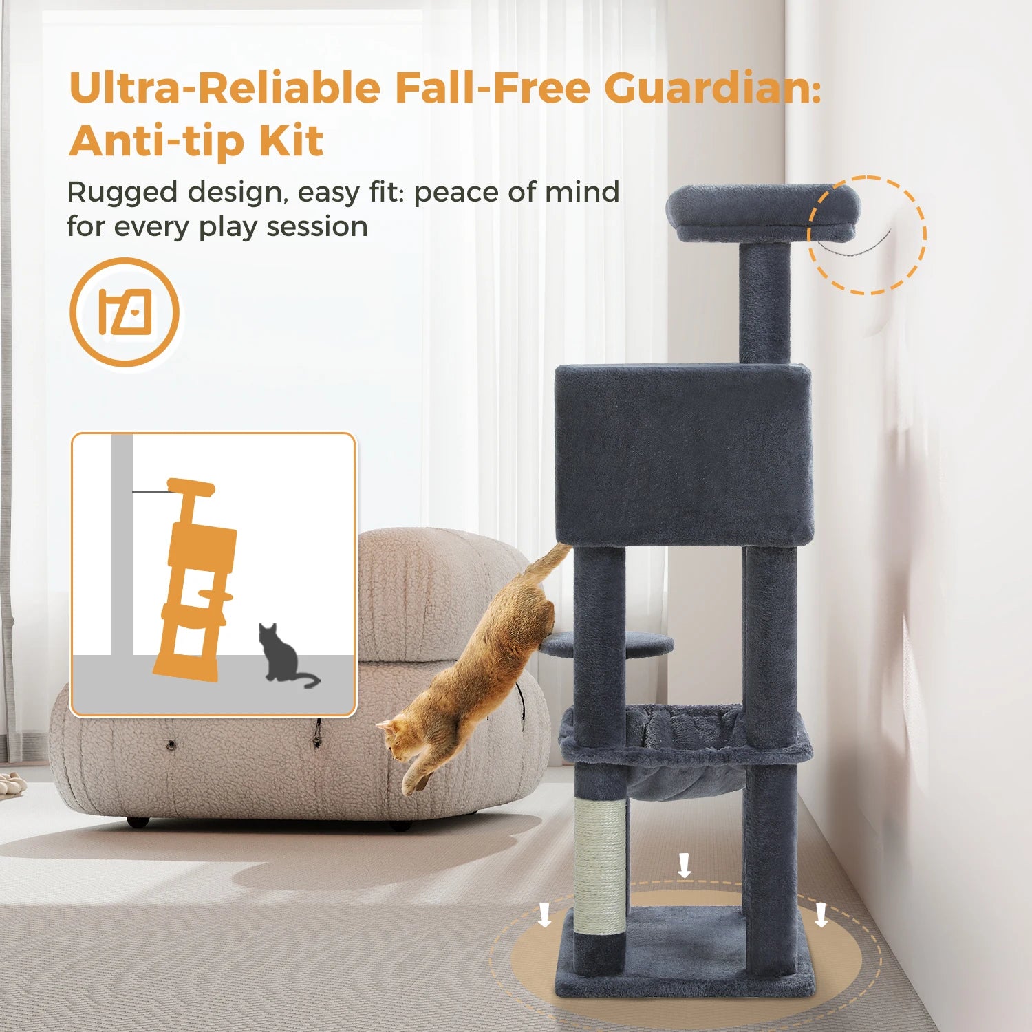 5-Level Cat Tree 113cm Cat Tower with Top Perch,Soft Condo,Natural Sisal Scratching Post,Attractive Pompom,Anti-tip kit,Hammock