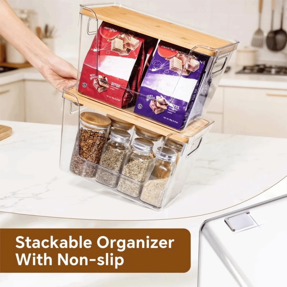 Stackable Pantry Organizers with Wooden Lids Kitchen Storage Clear Bins Under Sink Organizer for Onion Potato Fruit Vegetables