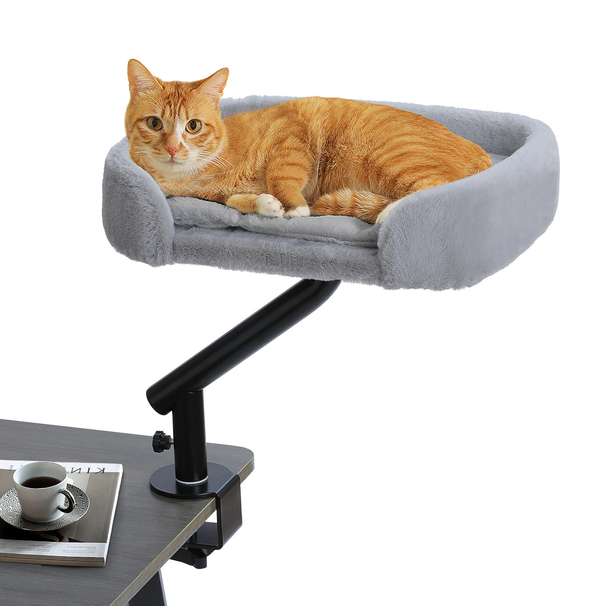 I YAN cat desk bed with soft hammock, adjustable stand, and 360° rotatable indoor cat bed for cozy resting on a table.