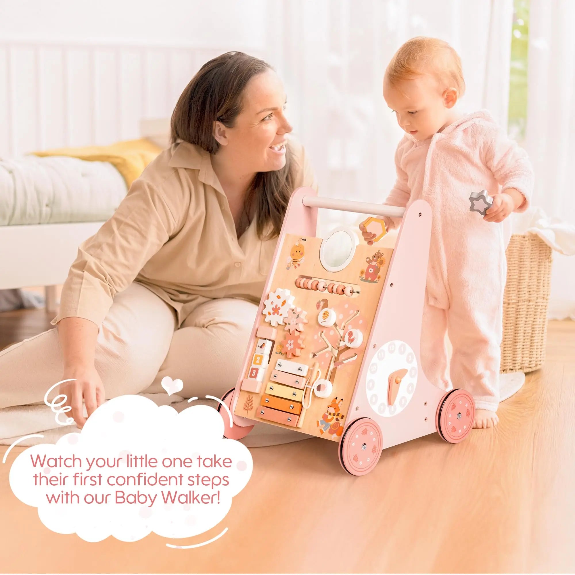 Robotime Robud wooden baby push walker with activity center and storage, ideal Montessori toy for boys and girls.