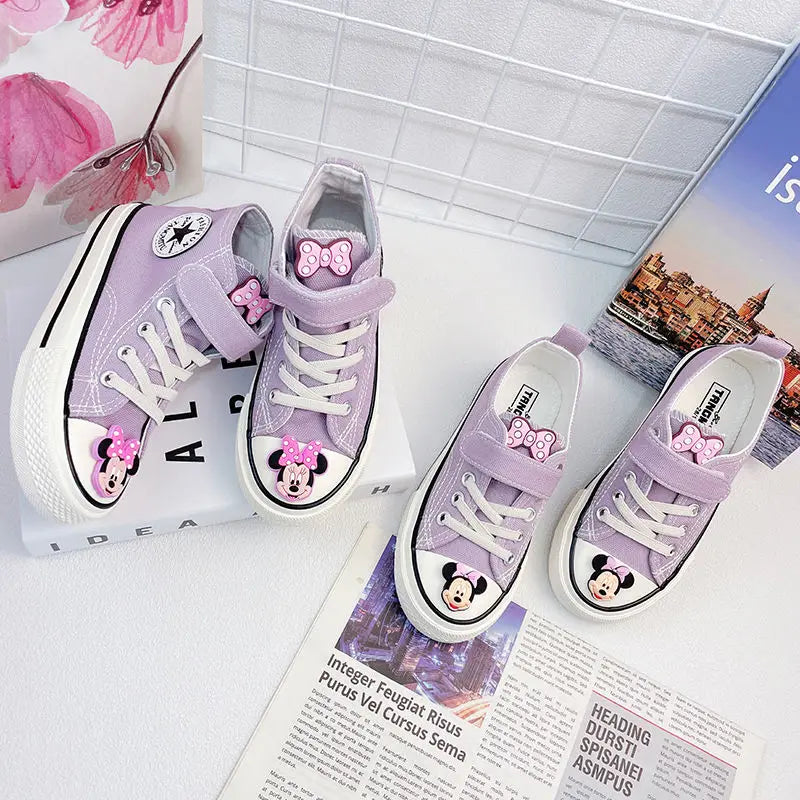 Disney Girls' Canvas Casual Shoes Soft Sole High Top Cartoon Mickey Mouse Minnie Purple White Breathable Shoes Flats Size 24-37
